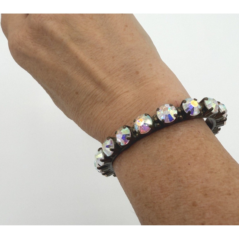 Sorrelli Signed Antique Brass Aurora Borealis Crystal Cuff Bracelet Small Wrist
